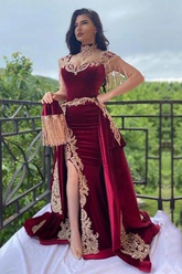 Burgundy Velvet Christmas Party Dress Lace Appliques Slit Formal Dress With Detachable Train